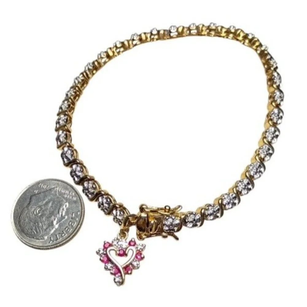 Ruby Diamond Heart Pendant Gold Vermeil Sterling Silver Tennis Bracelet 7.5